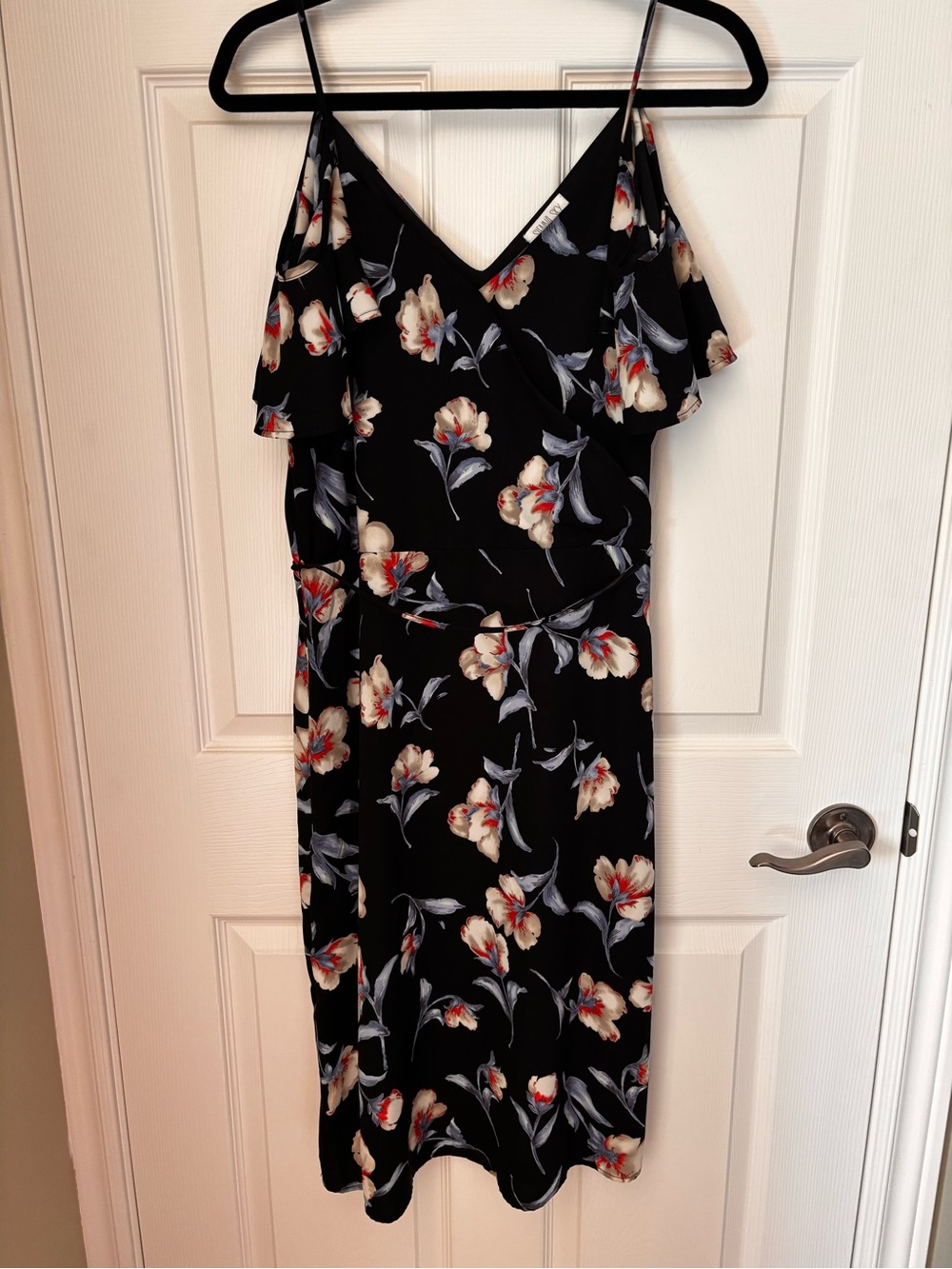 Sienna Sky Black Midi Dress with Cream and Red Floral Print